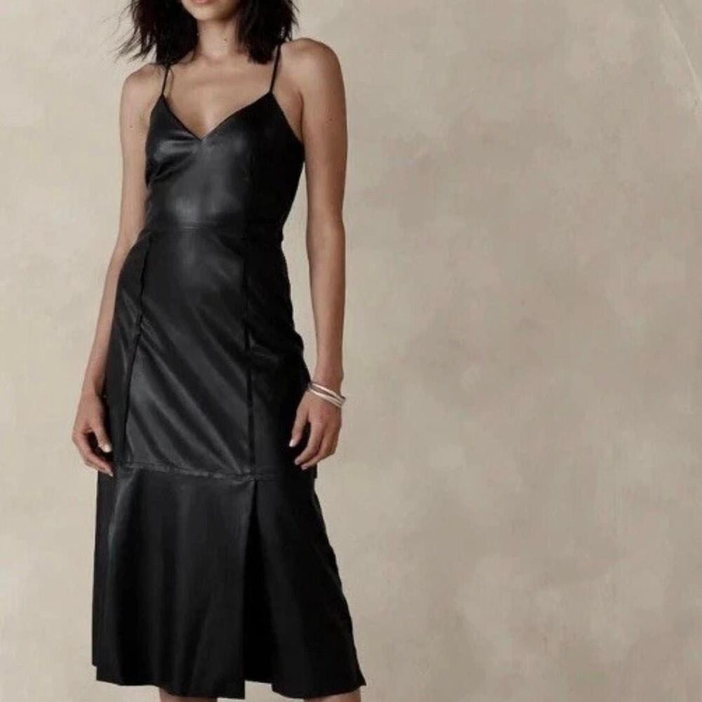 Banana Republic Factory Black Vegan Leather Midi Dress Gothic Formal Size 6